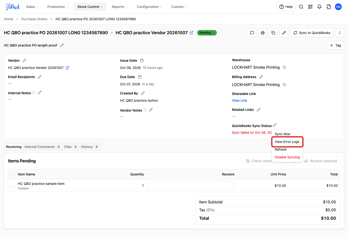 View Error Logs in the QuickBooks Sync Status menu