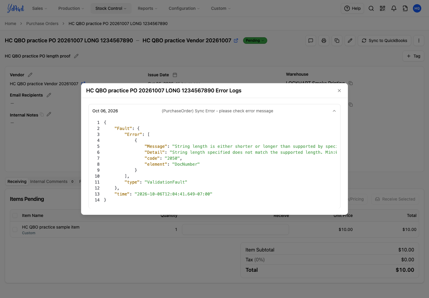 Expanded error details for the order