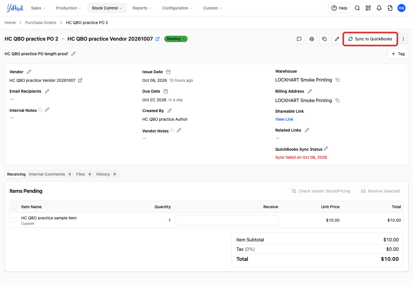Sync to QuickBooks on the purchase order