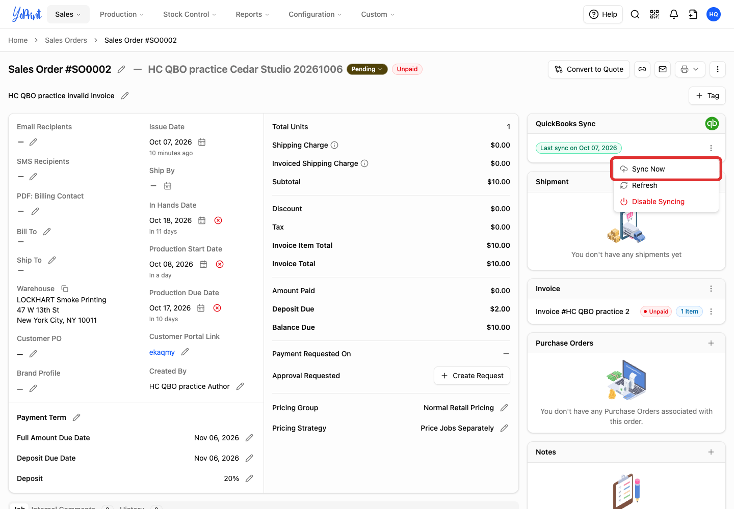 Sync Now in the QuickBooks Sync panel