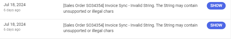 Invoice Sync - Invalid String error in QuickBooks log