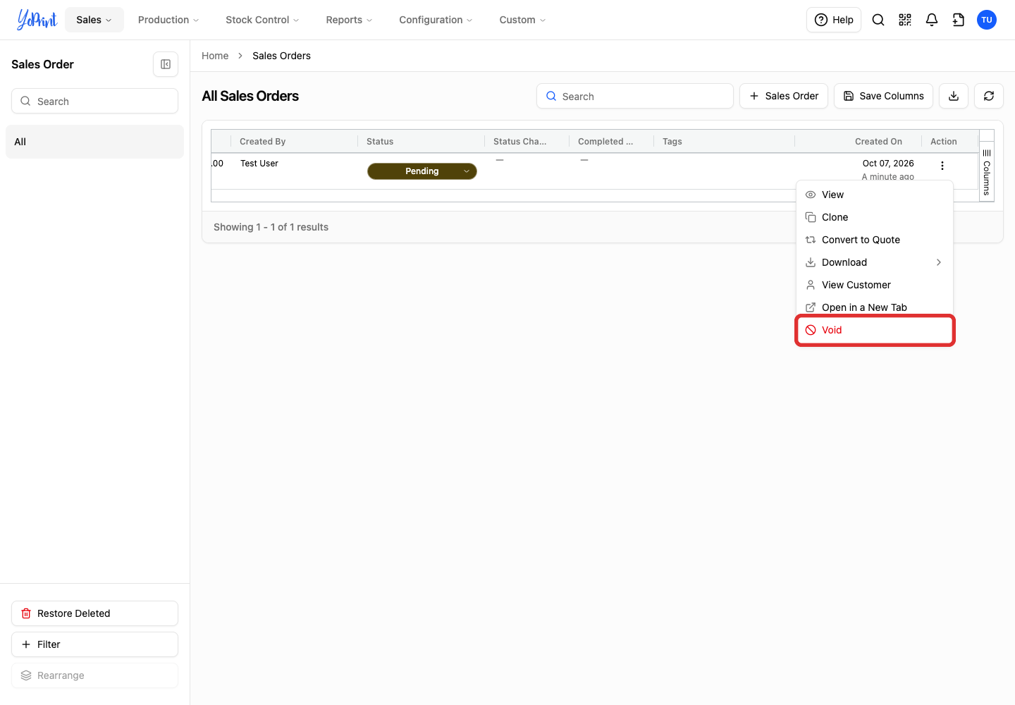 Void in the sales-order More actions menu