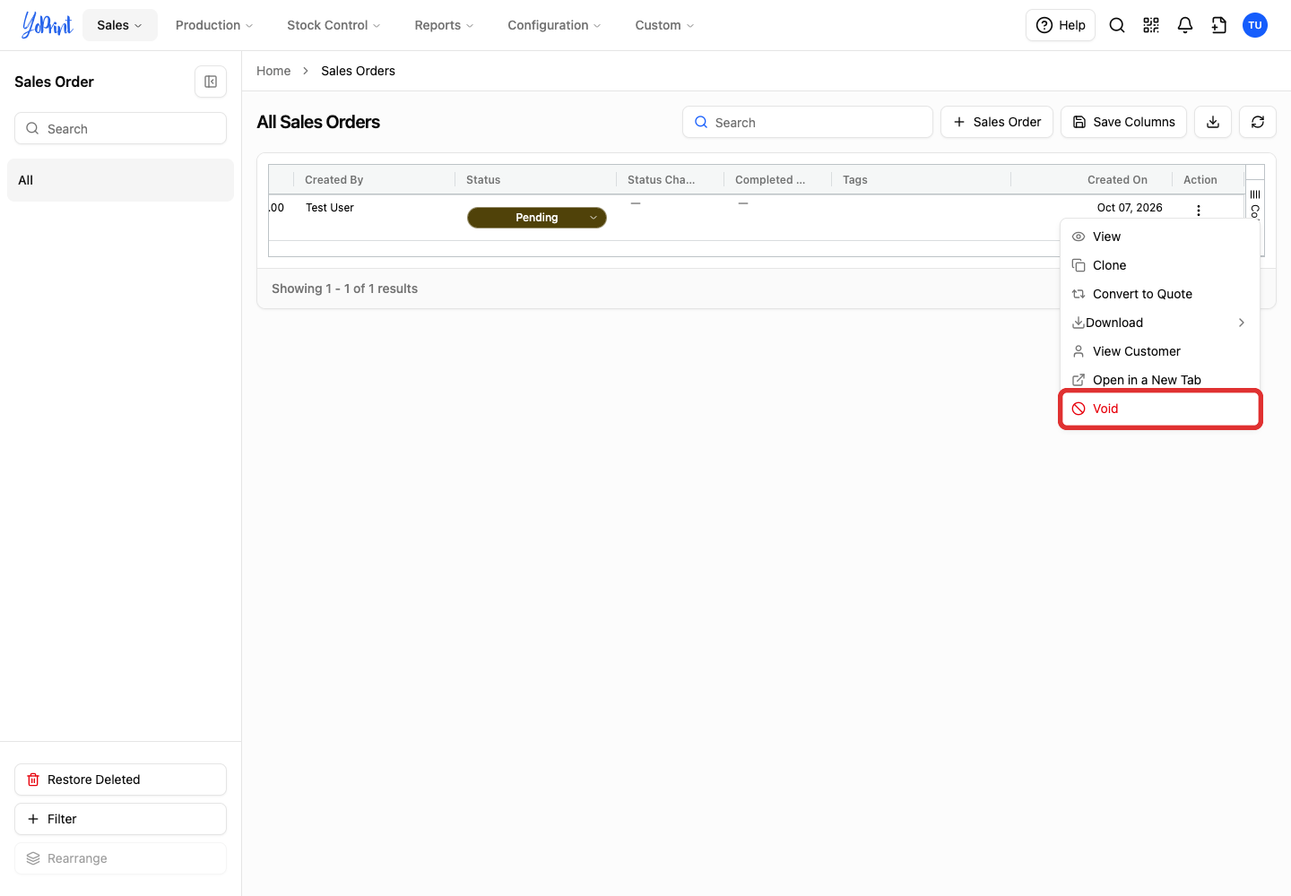 Void in the sales-order right-click menu