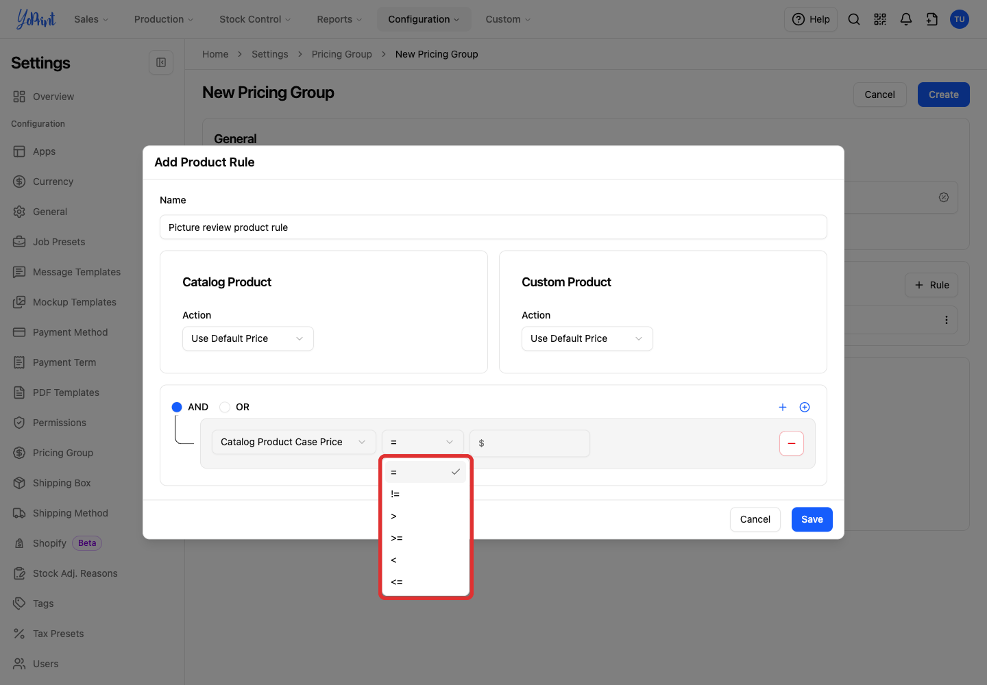 Product rule operator dropdown for price and count conditions