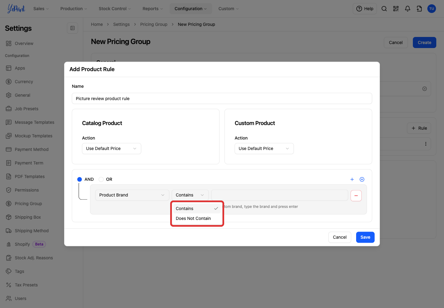 Product rule operator dropdown for selection conditions with Contains and Does Not Contain