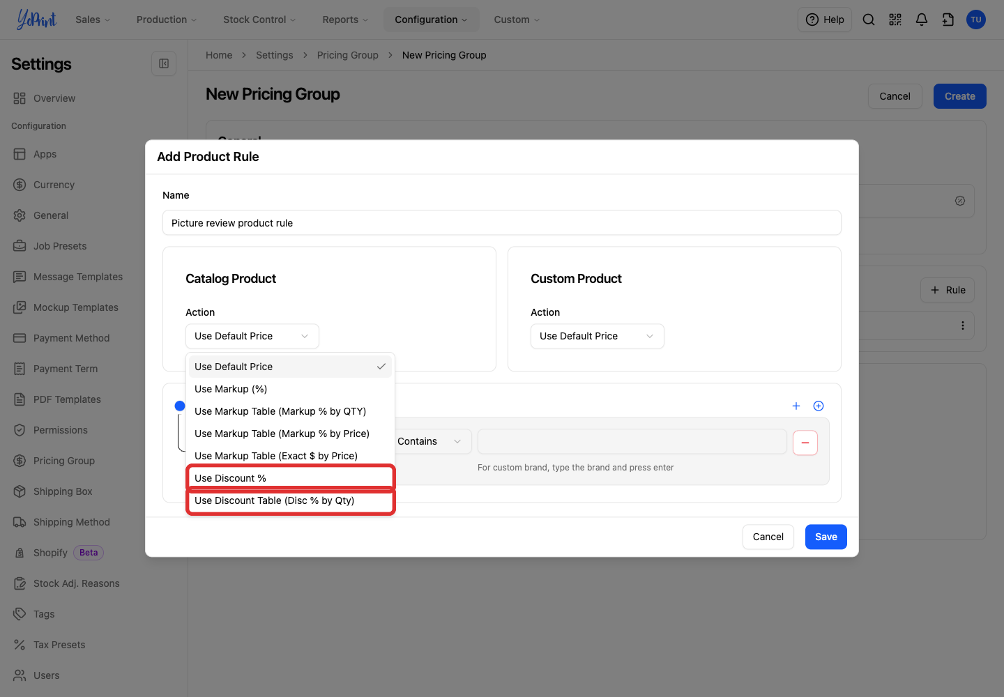 Product Action menu with Use Discount % and Use Discount Table choices marked