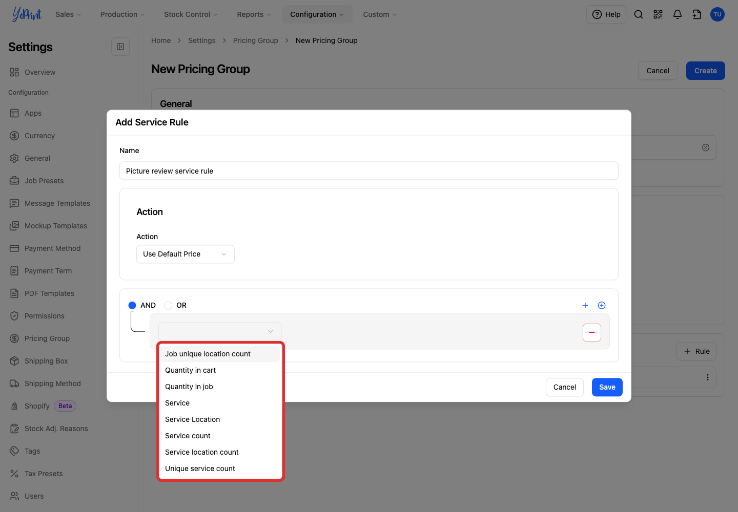 Service rule condition field dropdown with all eight choices