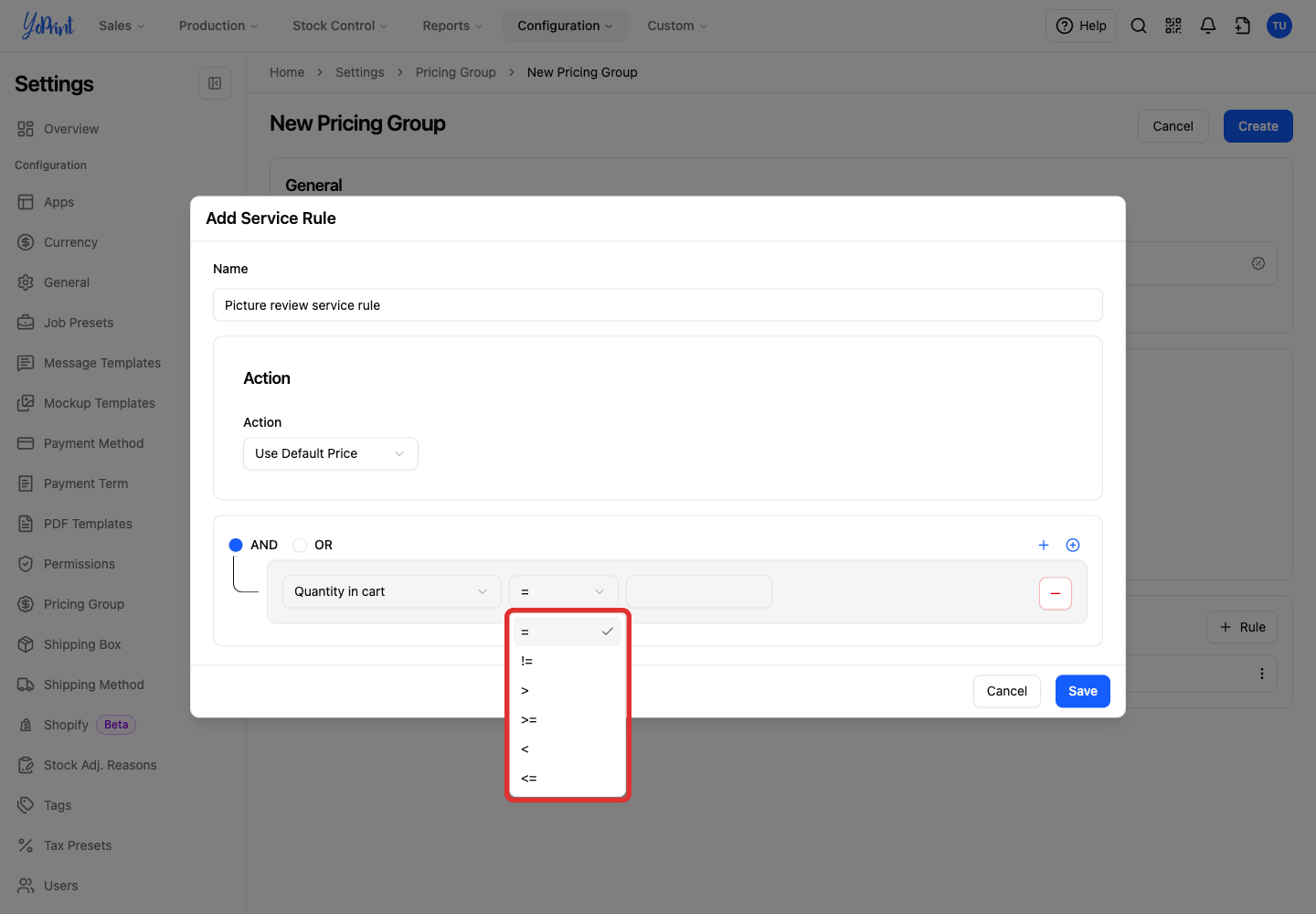 Service rule operator dropdown for count conditions