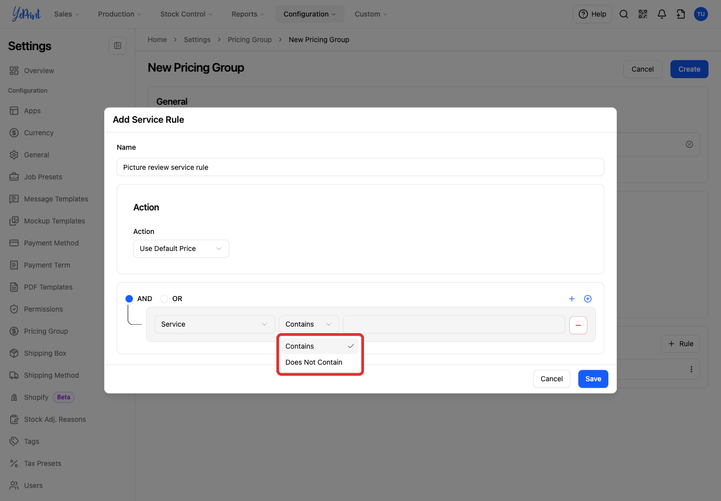 Service rule operator dropdown for service selection with Contains and Does Not Contain