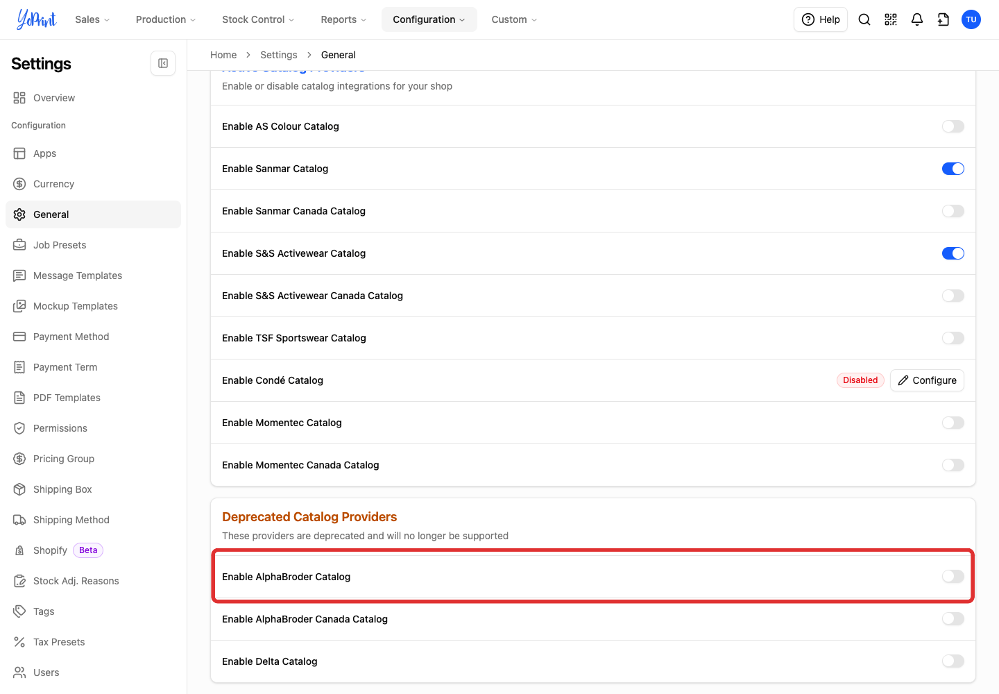 Enable AlphaBroder Catalog switch off in Settings > General > Catalog