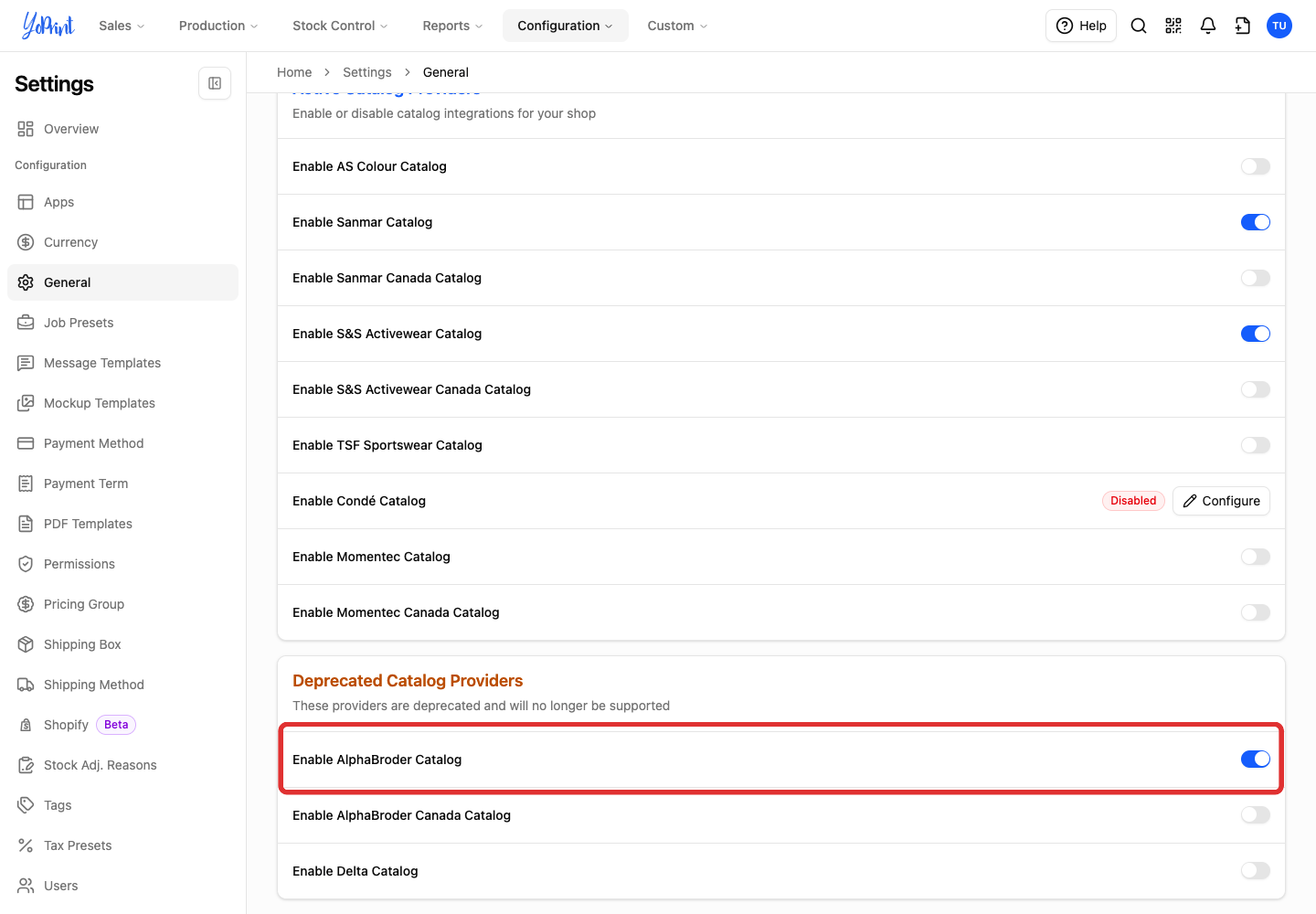 Enable AlphaBroder Catalog switch turned on