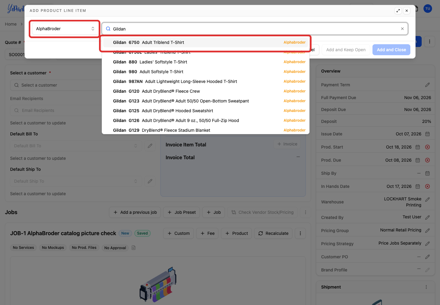 Search for a product with the AlphaBroder filter in Add Product Line Item