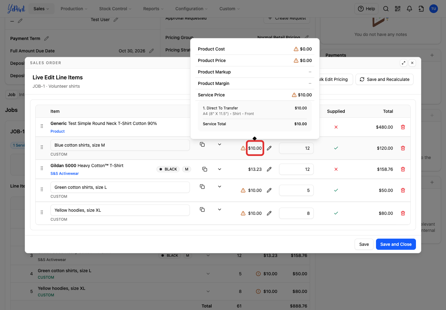Supplied product breakdown with zero product price and a service charge