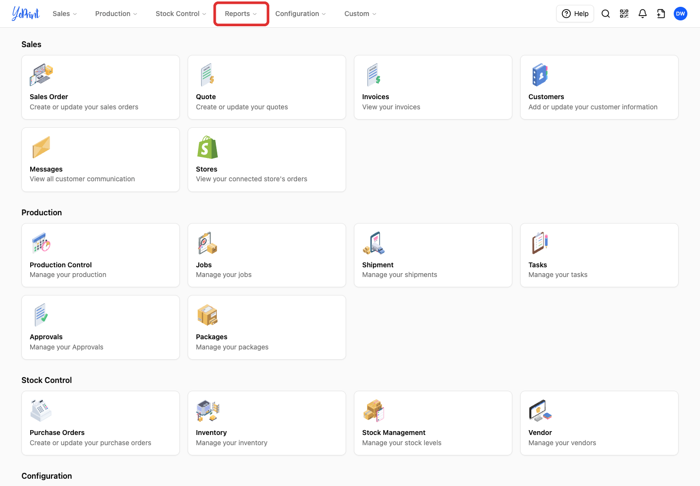 The Reports menu control