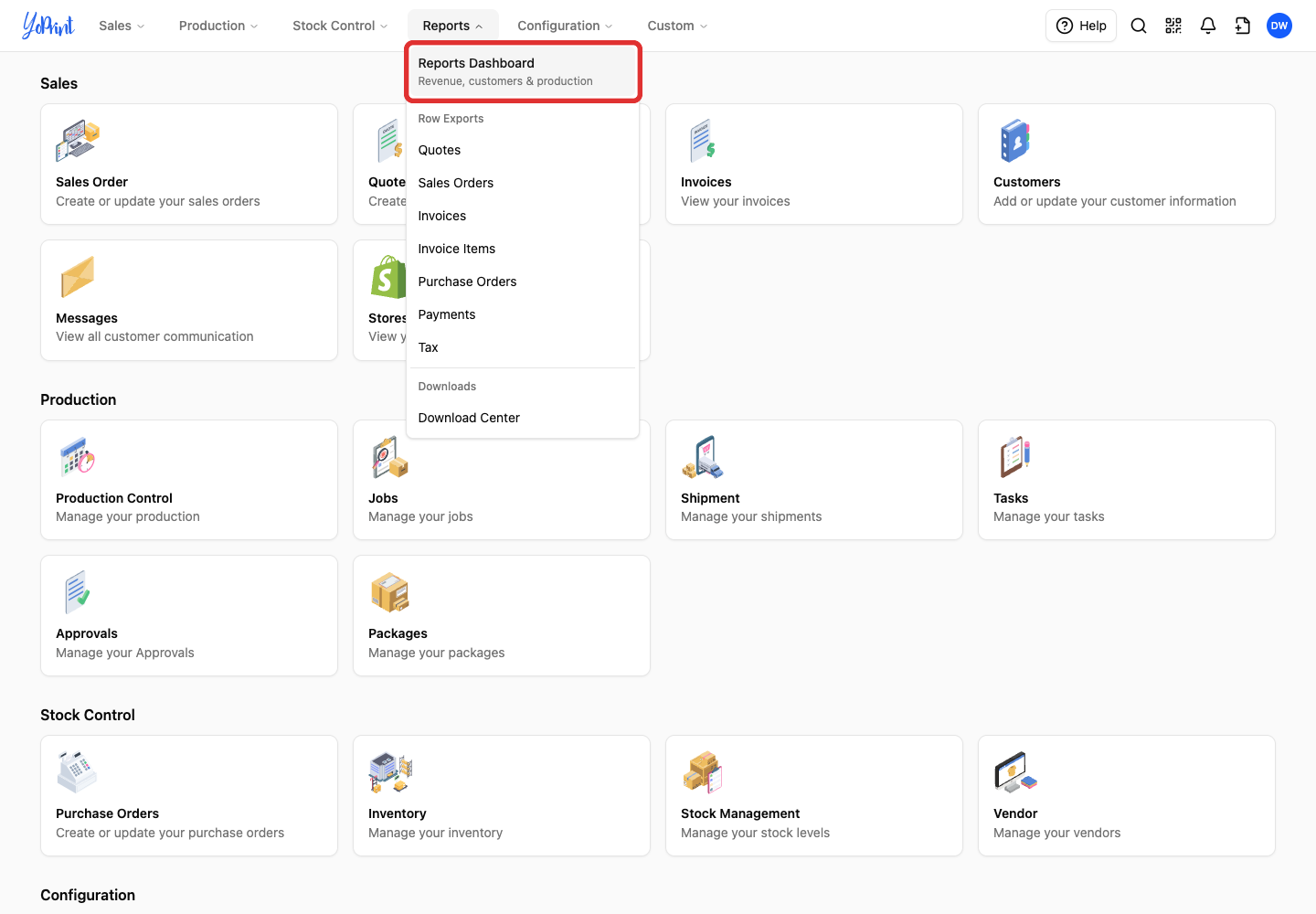 Reports Dashboard in the Reports menu