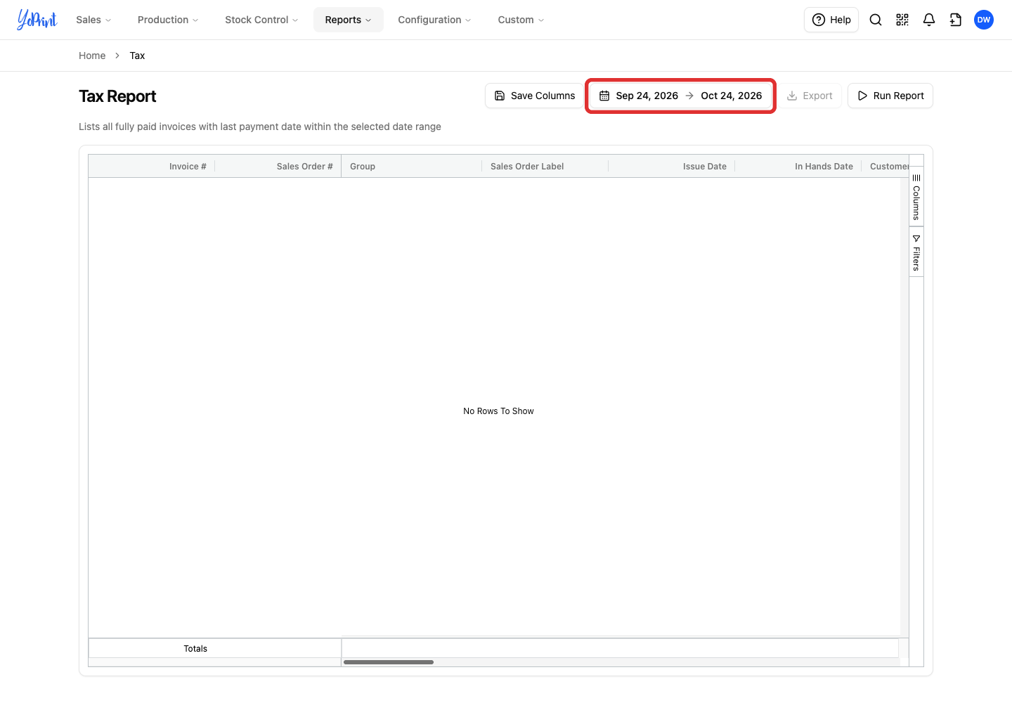 Open the Tax Report date range