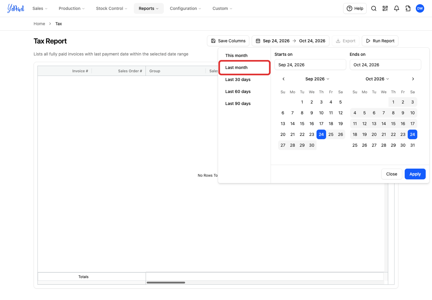Choose Last month in the date picker