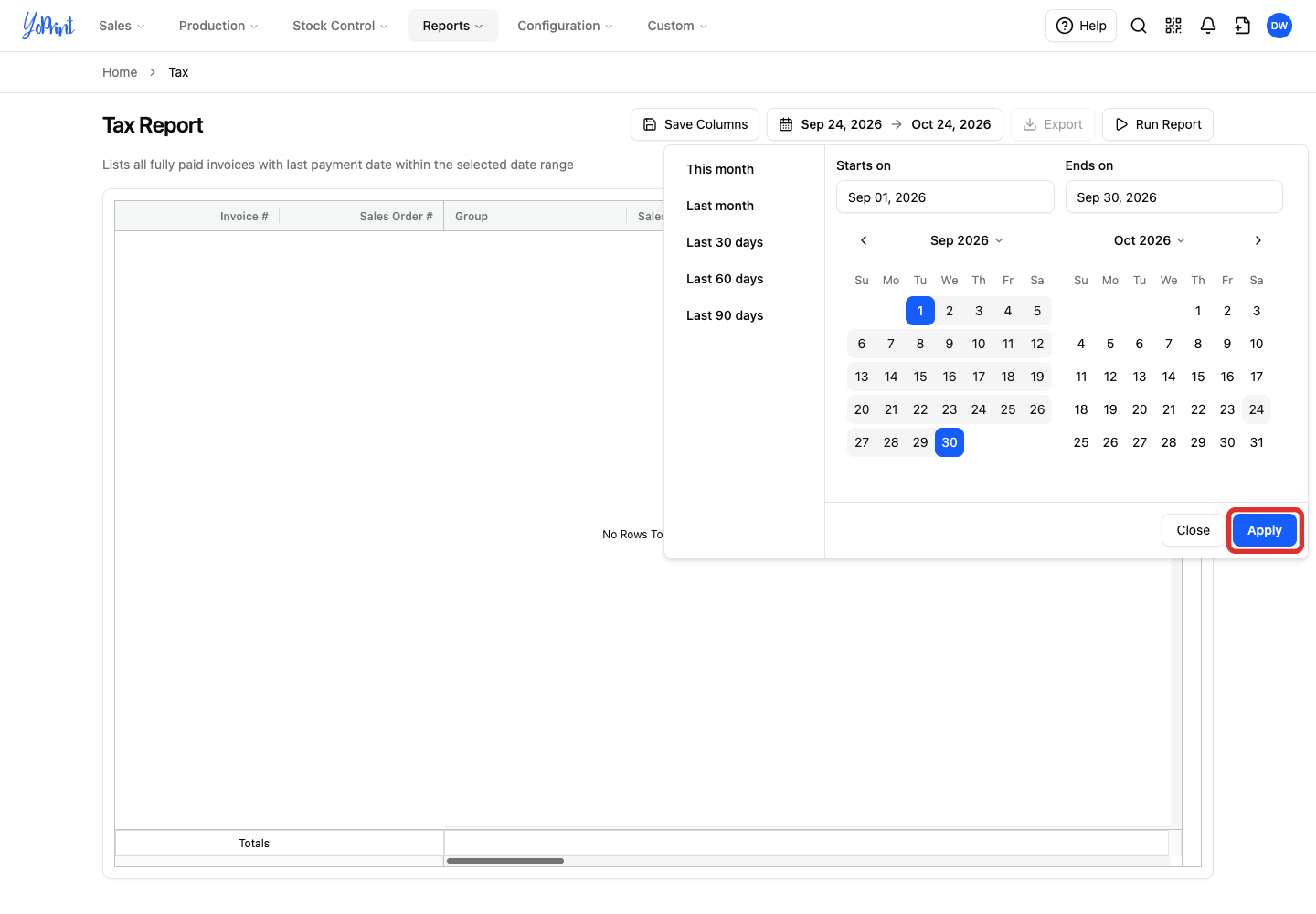 Apply the September 1–30, 2026 date range
