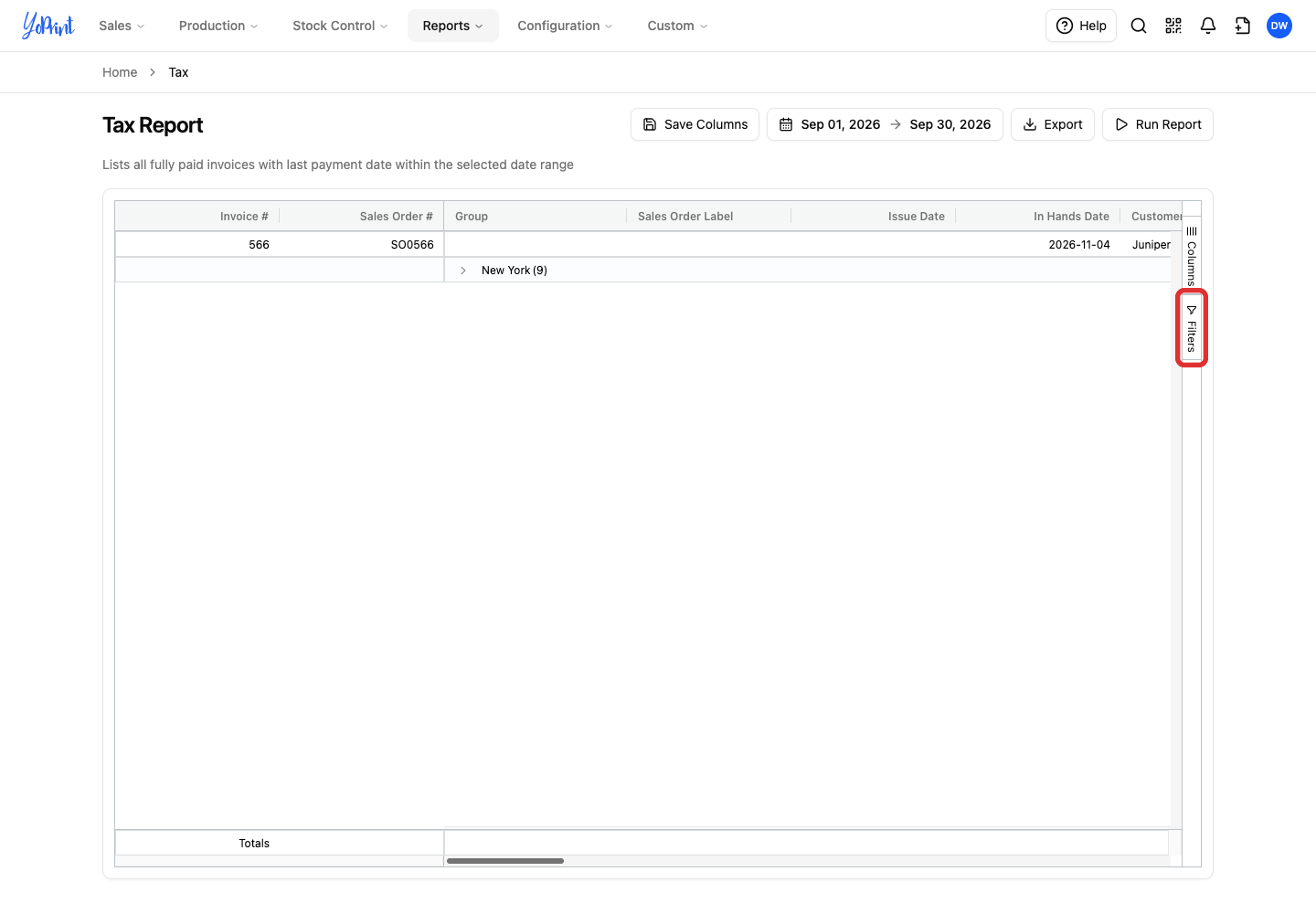 Open Filters on the right edge of the Tax Report