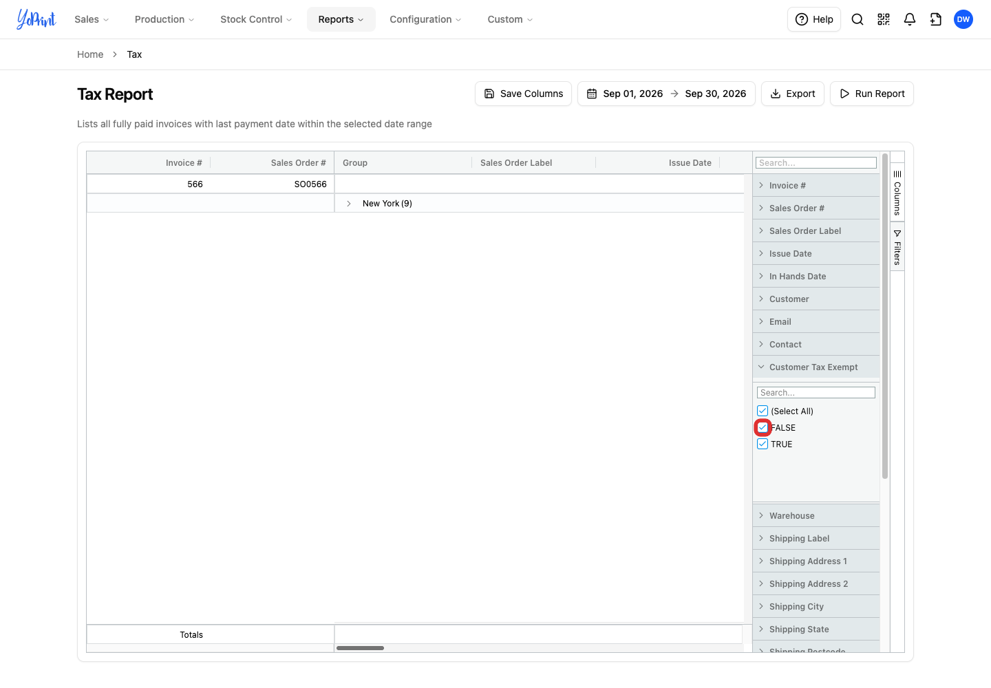 Clear the FALSE checkbox to keep tax-exempt customers