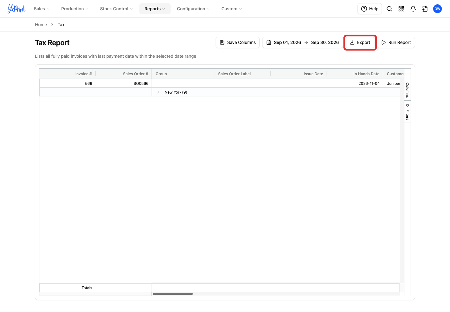 Export the Tax Report rows