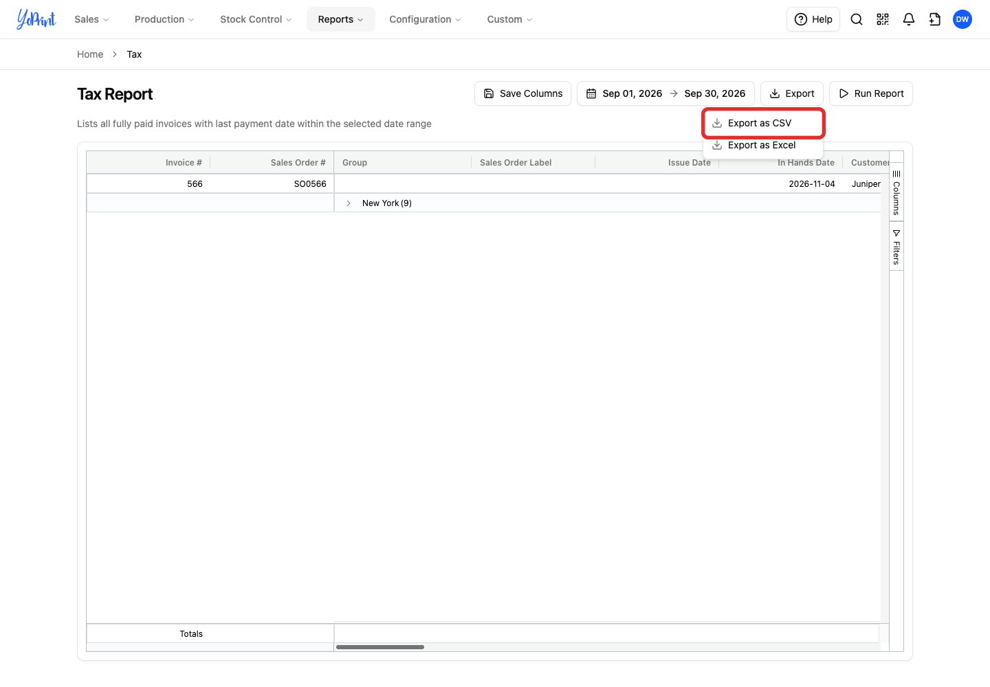 Choose CSV or Excel for the Tax Report