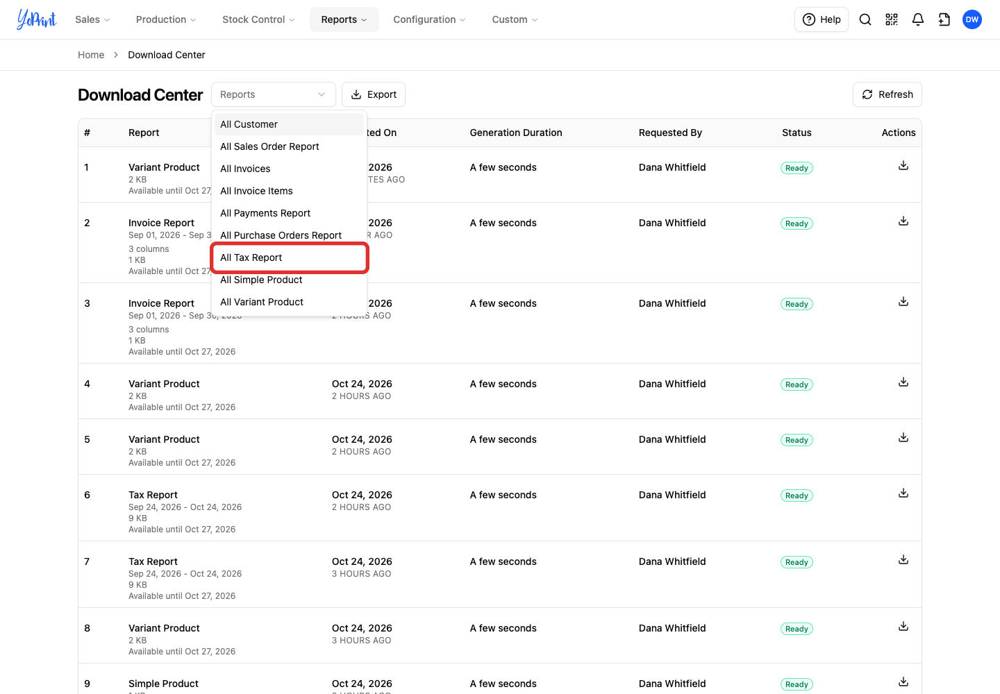 Choose All Tax Report before a type is selected