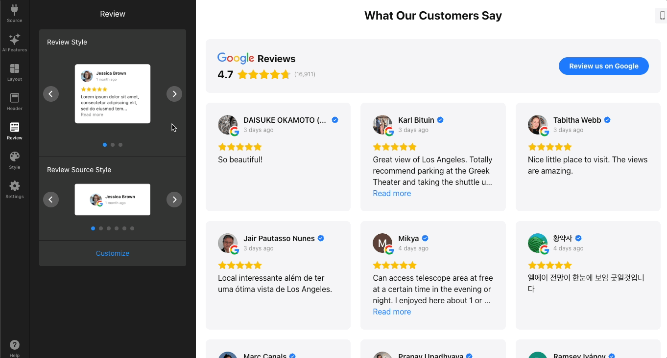 Review layout settings