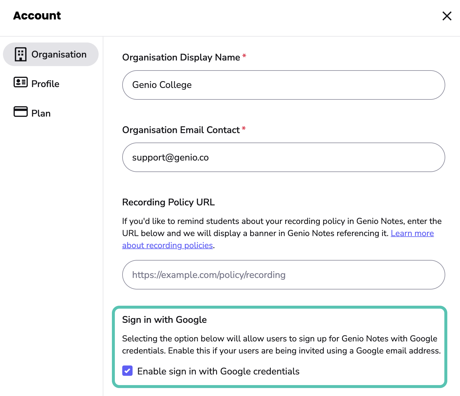 Image showing the Edit Organisation tab with the check box to allow sign up with Google credentials ticked