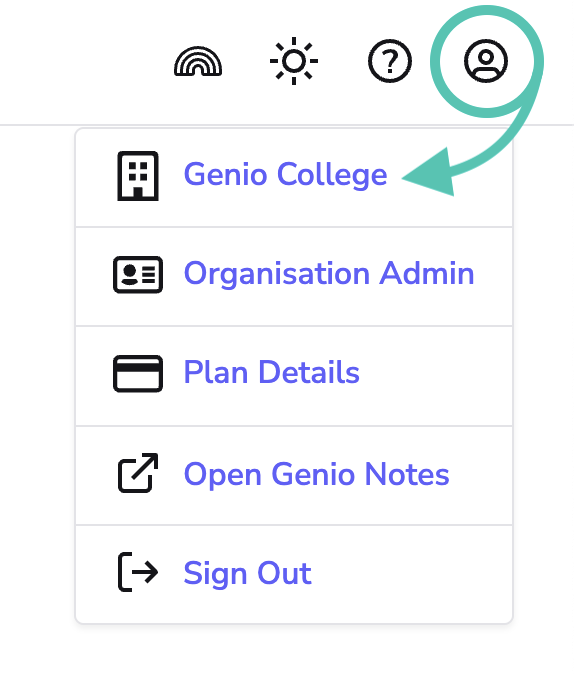 Genio Admin account menu open, with an arrow pointing at the organisation name.