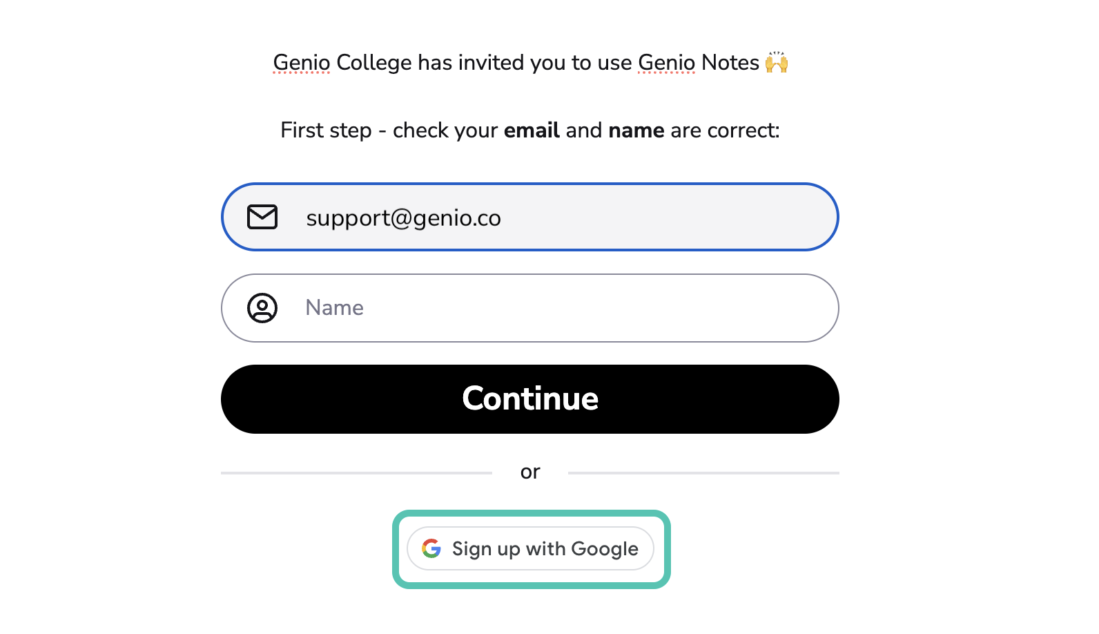 Genio Notes sign up page, with the Sign up with Google option highlighted.