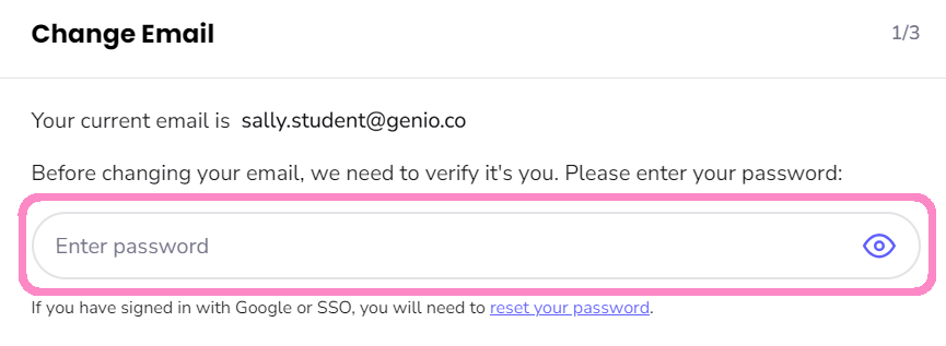 Image of the change email option, with the password verification box encircled