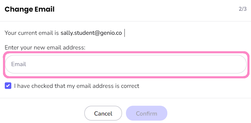 Image of the change email option with the enter new email address box highlighted