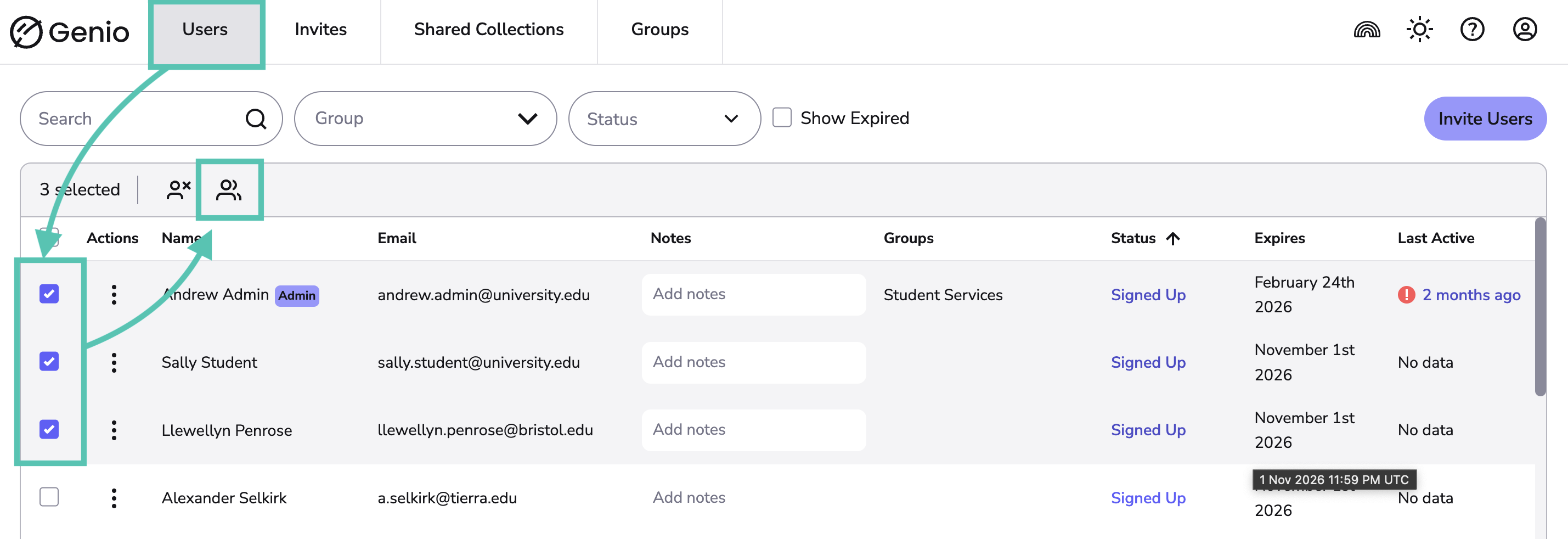 Users Tab showing select users and add to group button