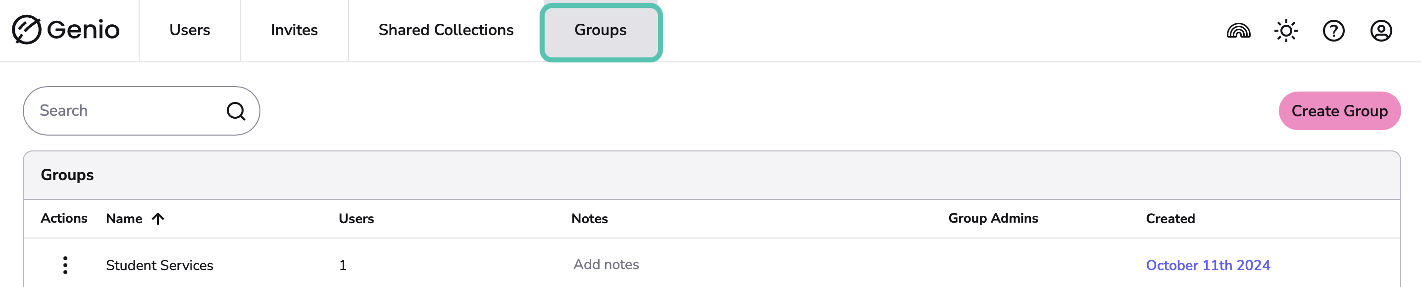 Image showing the Groups Tab in the Admin portal
