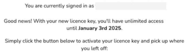Image showing confirmation of activating a Licence Key