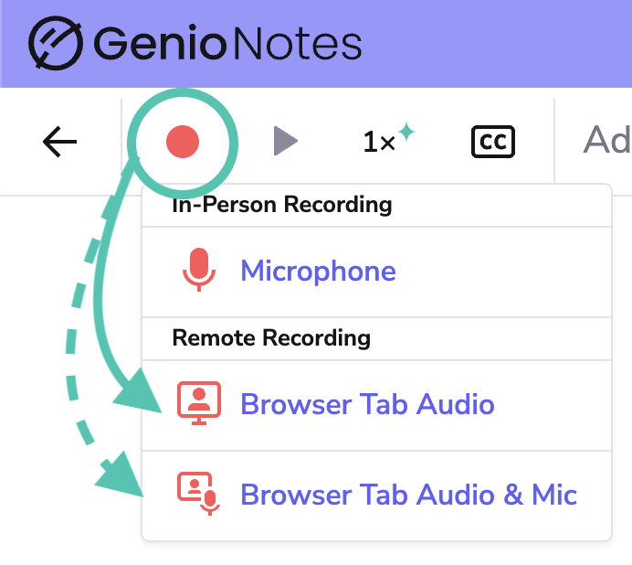 Image showing the record button with a solid arrow pointing to the Browser Tab Audio, and a dotted arrow pointing to the  Browser Tab Audio with Mic option.