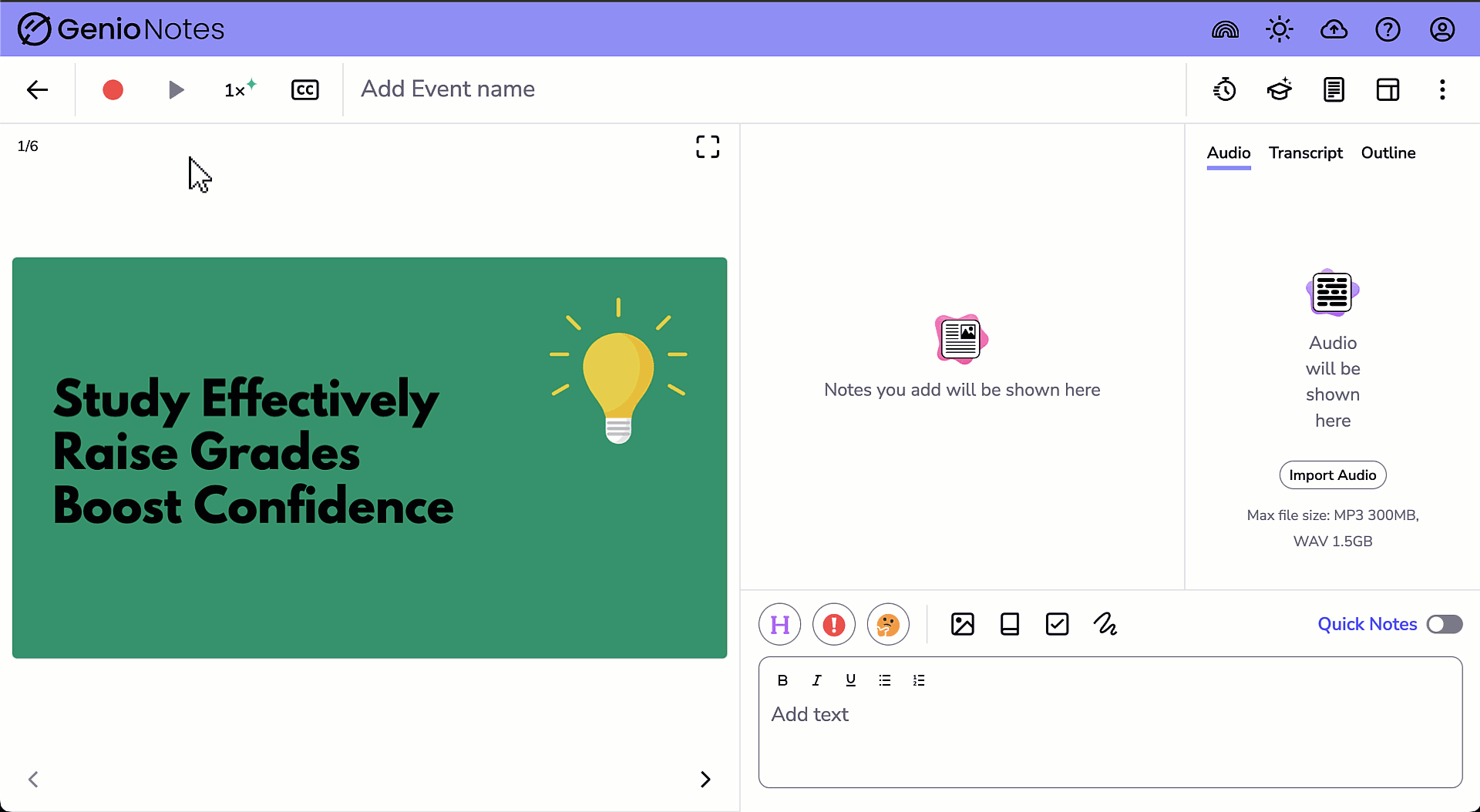 GIF showing slides being aligned as audio is being recorded into an Event.