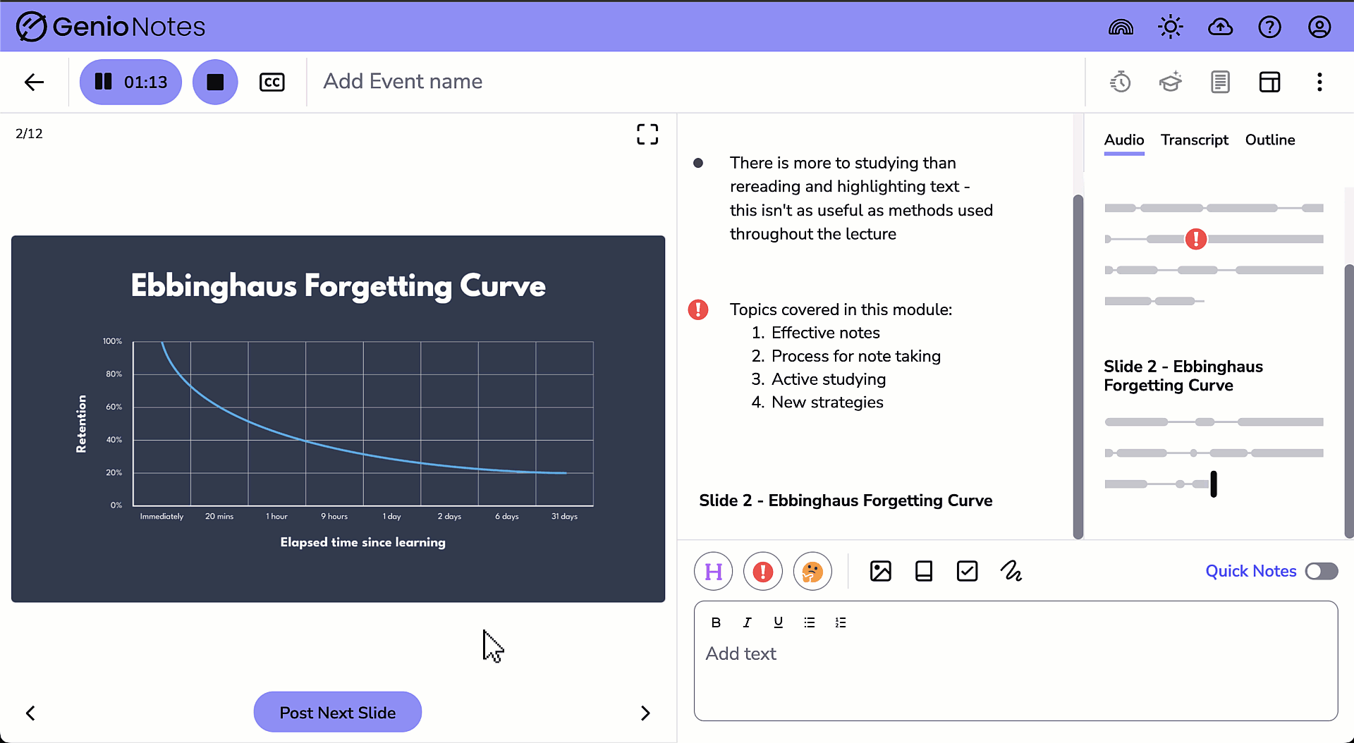 GIF showing how to post slides out of order, as you record into an Event.