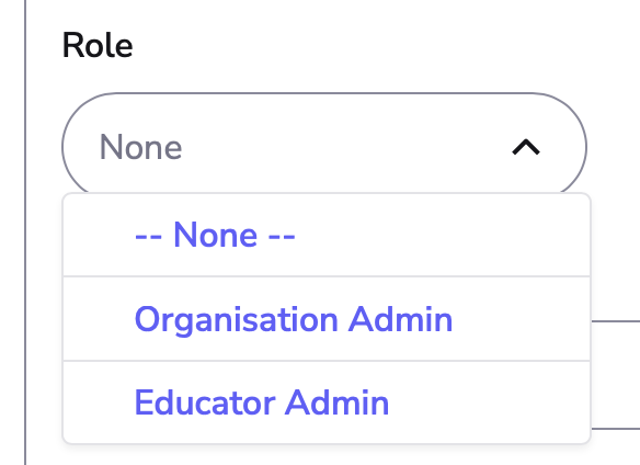 Image showing the role dropdown menu with the Faculty Admin option.