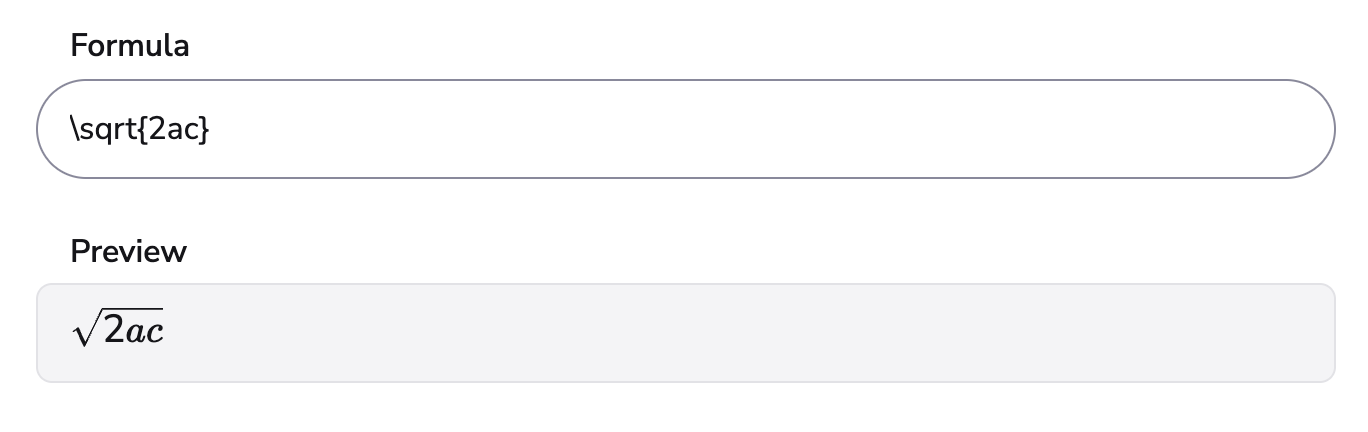 Example Formula showing the square root of 2 a c