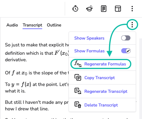image highlights the 'regenerate formulas' option in the transcription option drop down menu