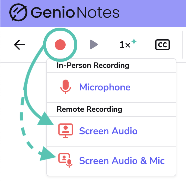 Image showing the record button drop down menu, with arrows pointing at Screen Audio, and Screen Audio & Mic