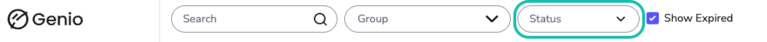 Image of the top of the user dashboard showing the different filters available, The Status filter is highlighted.