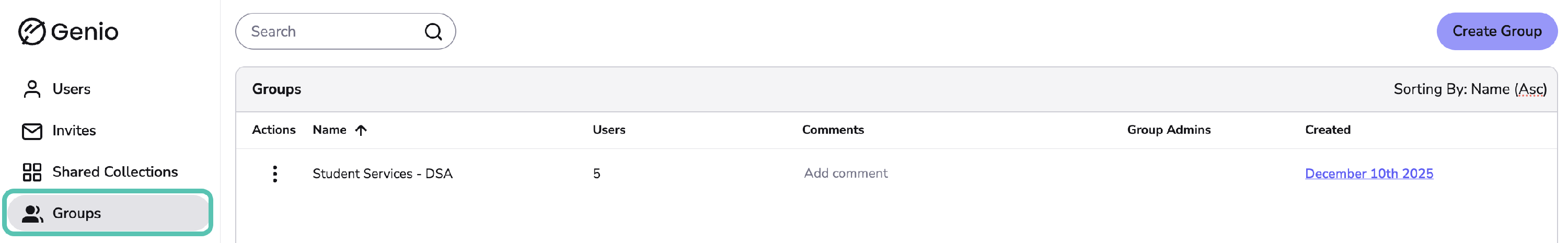 Image showing the Groups Tab in the Admin portal