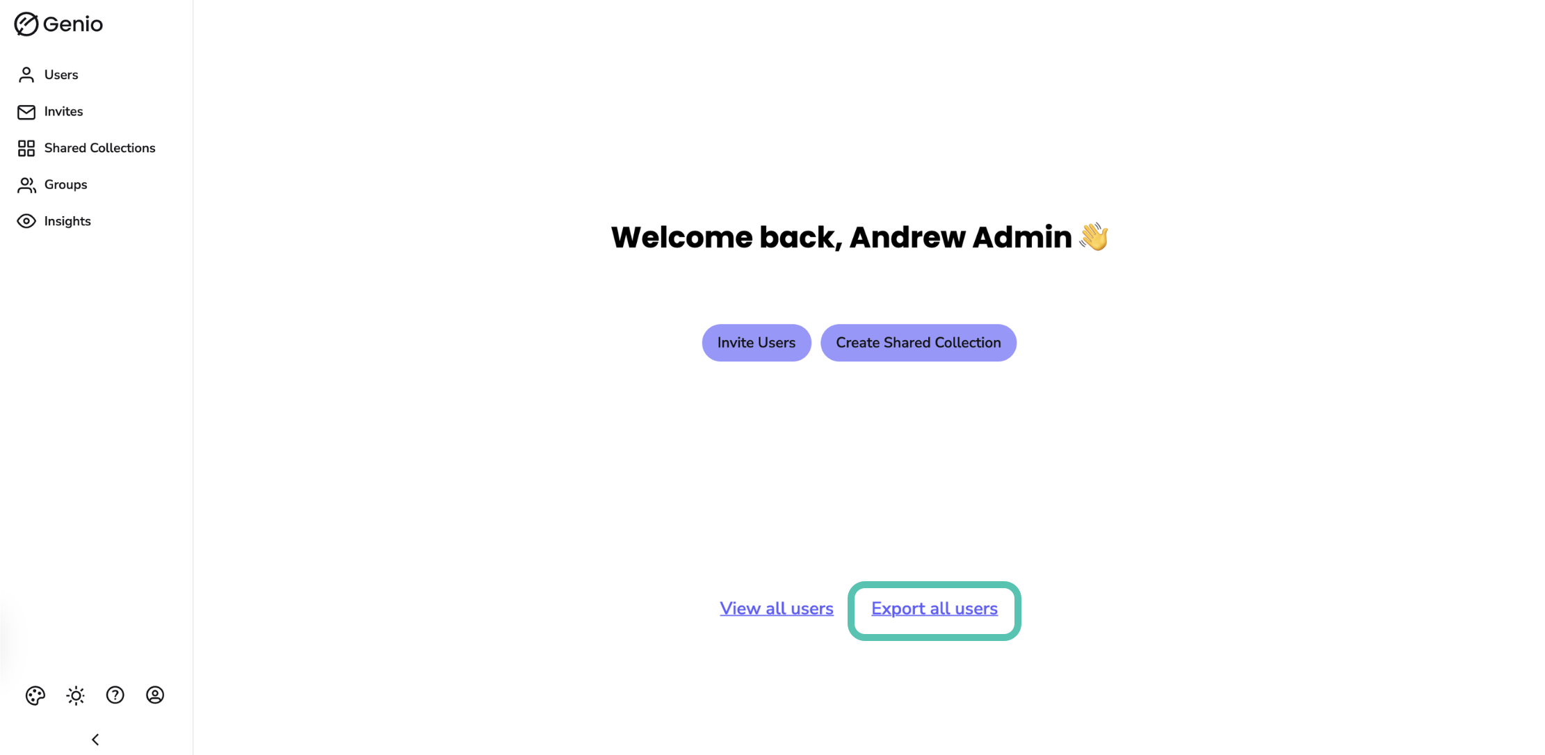 Image showing the Main Genio Admin page, with Export all users highlighted