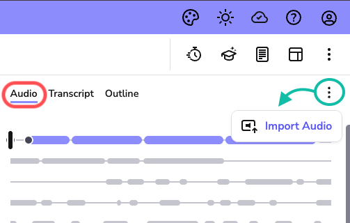 Image showing the audio options menu with an arrow pointing to Import Audio