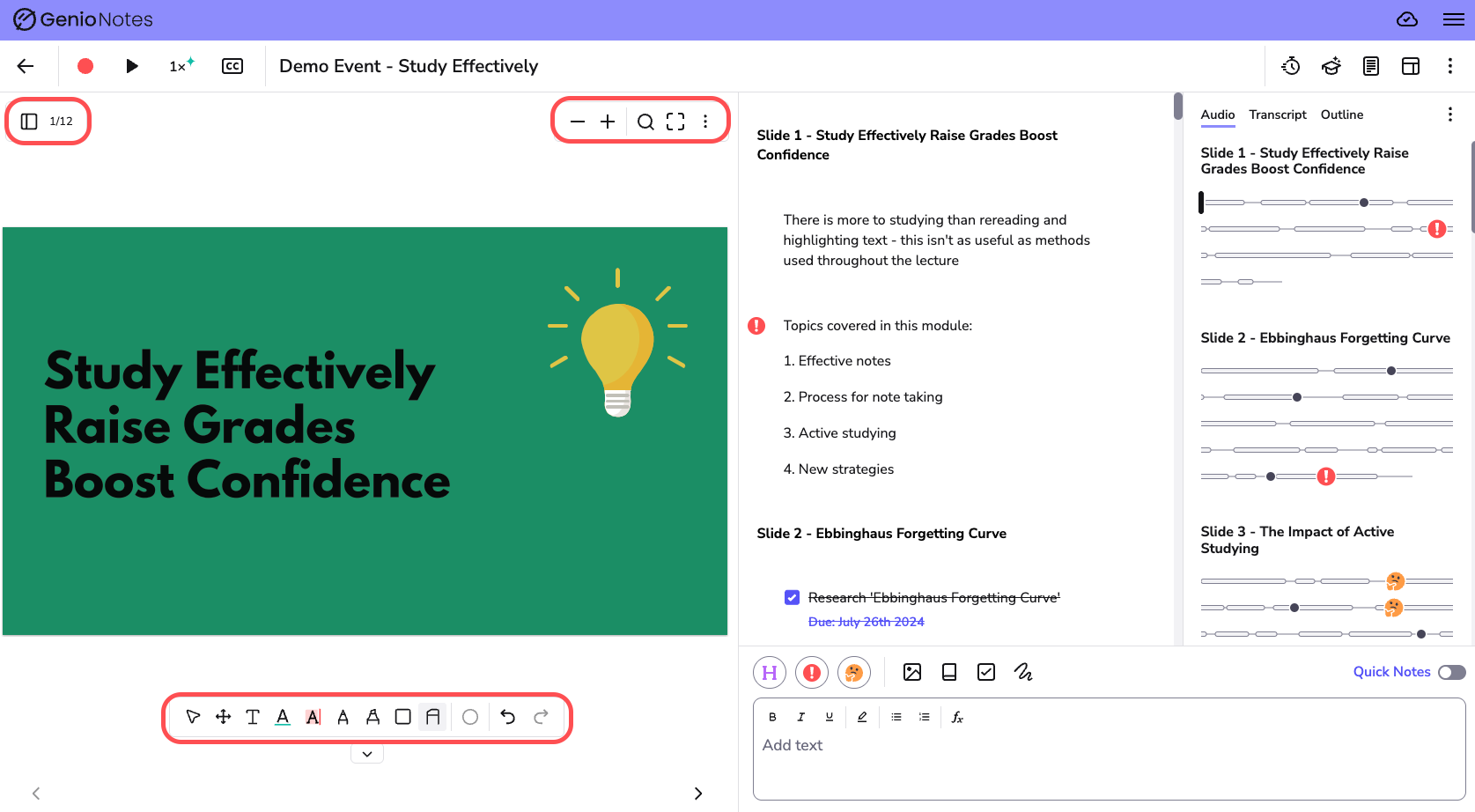 image highlighting the toolbar, slide selector and slide control toolbar