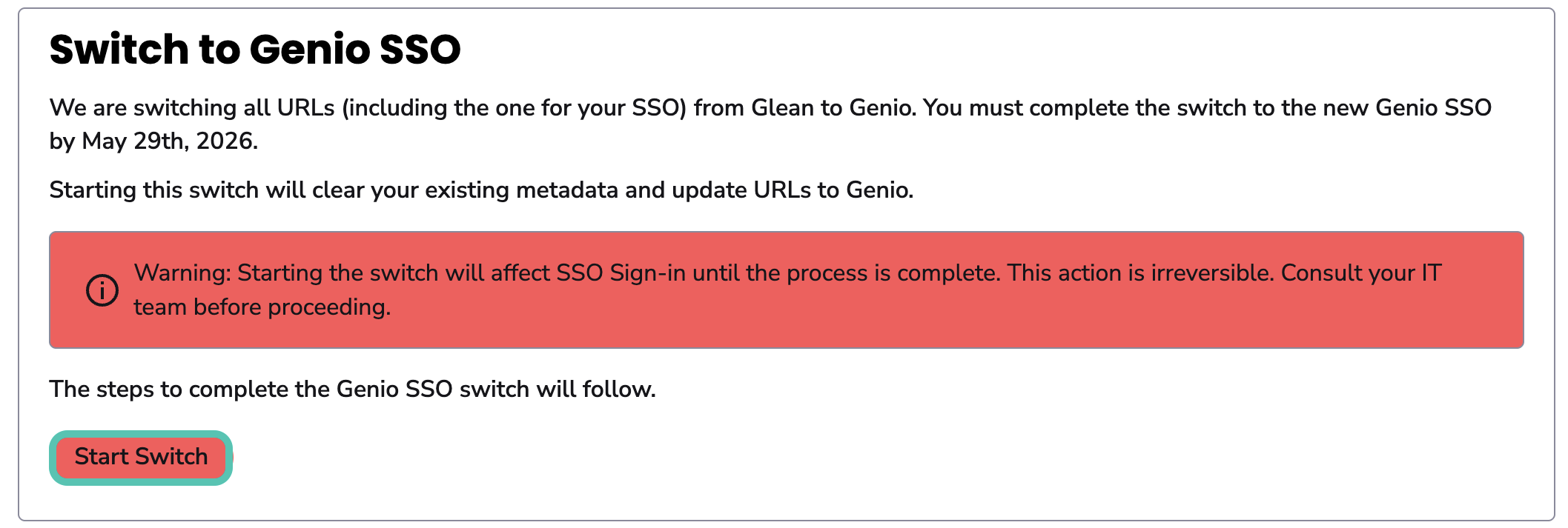 Image showing the Switch to Genio SSO section with the Start Switch button highlighted