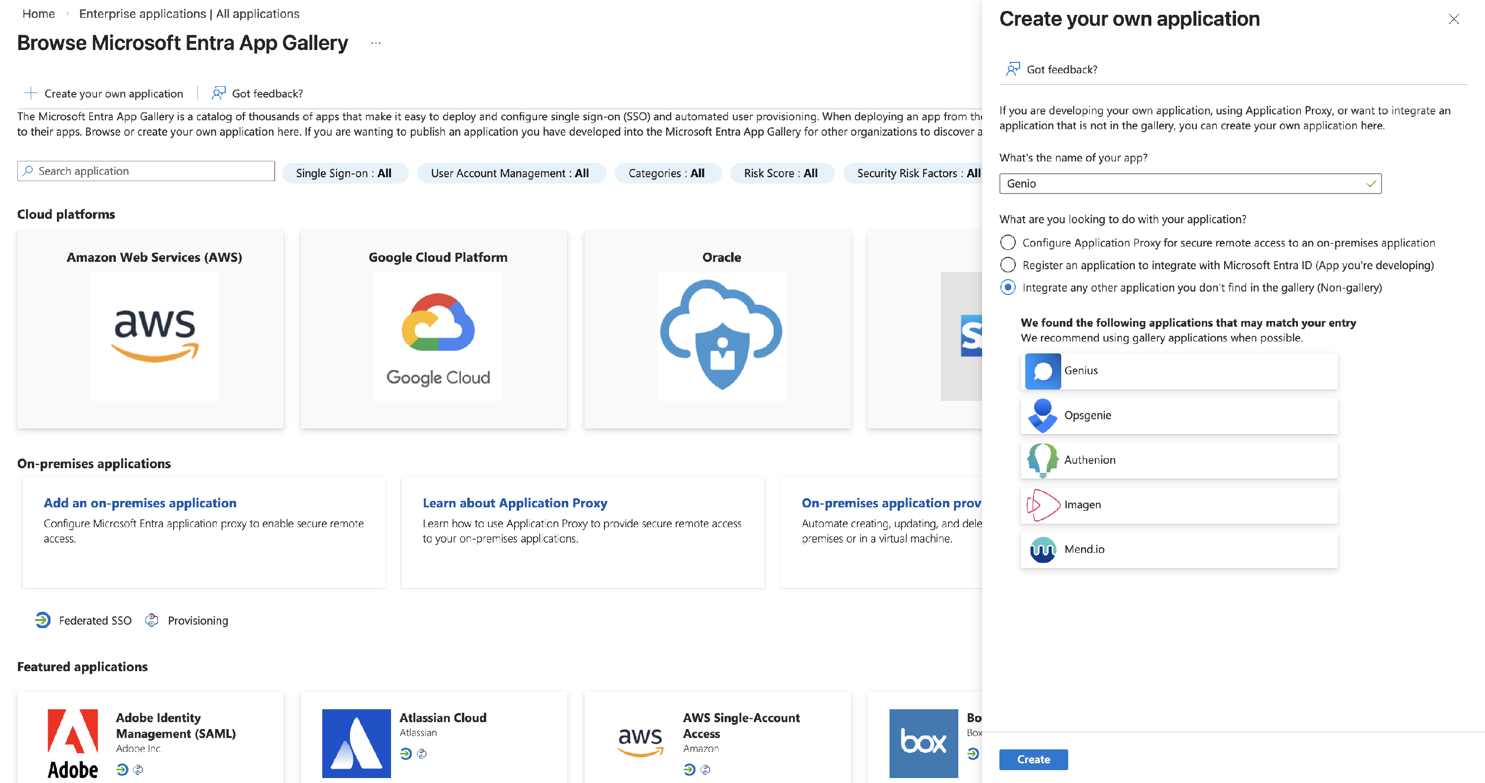 Image from Azure showing creating an application